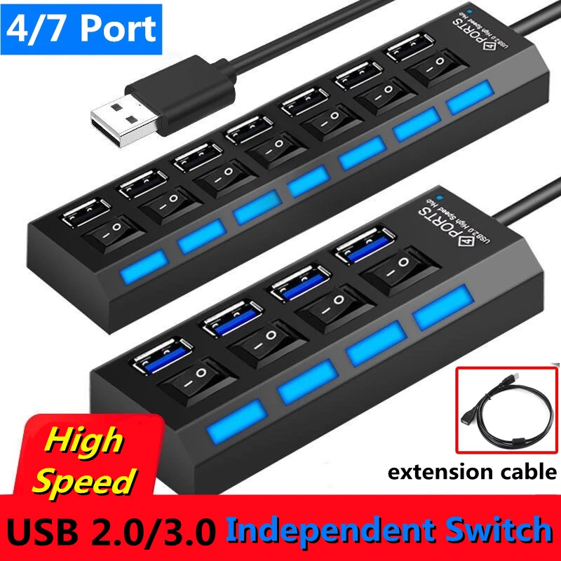 YelWong-concentrador de red USB de 4/7 puertos, expansor divisor USB de alta velocidad, interruptor independiente multipuerto para PC, portátil, Mac y Windows, 2,0 3,0