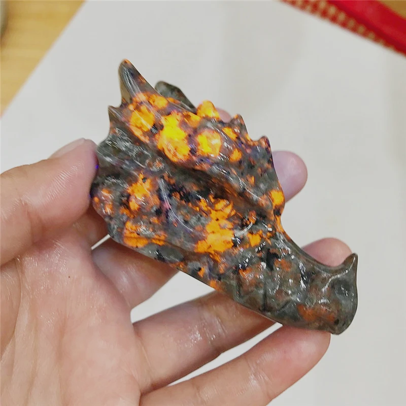 

Статуэтка из натурального камня Yooperlite ручной работы с резной Головой Дракона, черепом, полированное животное, мощная Статуэтка для украшения дома, подарок