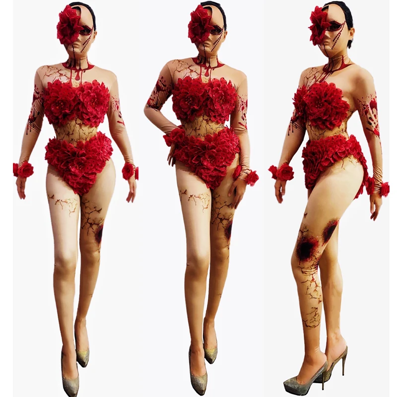 

Костюм для ночного клуба, Хэллоуина, Женский костюм для косплея, танца на шесте, комбинезон с длинными рукавами и красными цветами, танцевальные костюмы для ГОГО, одежда для Rave DWY4915