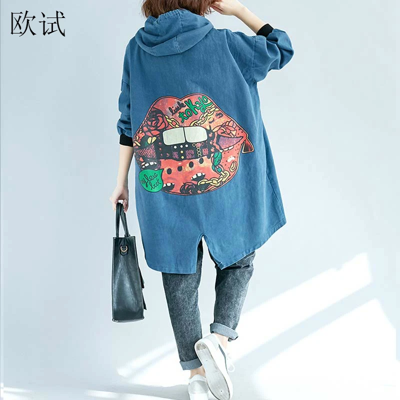 Большие размеры Джинсовый плащ с капюшоном Женская мода мультфильм печати Kawaii осенние длинные джинсы пальто одежда ветровка