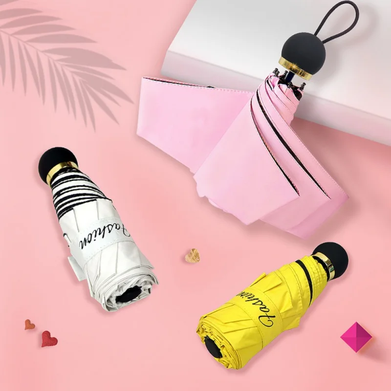 Mini Cute Five-folding Umbrellas Portable Sunshade Umbrella for Lady Solid Color Black Rubber Umbrella Travel Accessories