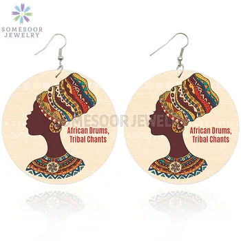

SOMESOOR African Drums Tribal Chants Printing Wooden Drop Earrings Afro Ethnic Fabric Headwrap Woman Pattern Big Wood Ear Loops