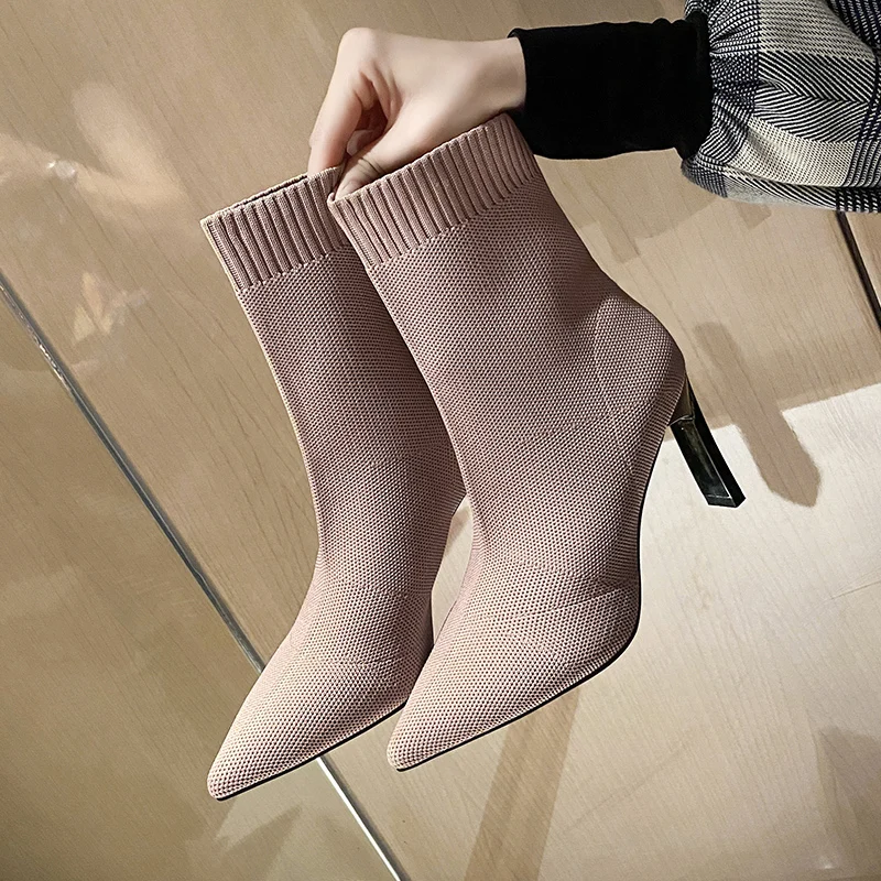 Aphixta Fashion 2025 Sock Boots Women 9cm High Heel Shoes Metal Thin Heels Booties Sexy Woman Autumn Winter Ankle Fabric Boots