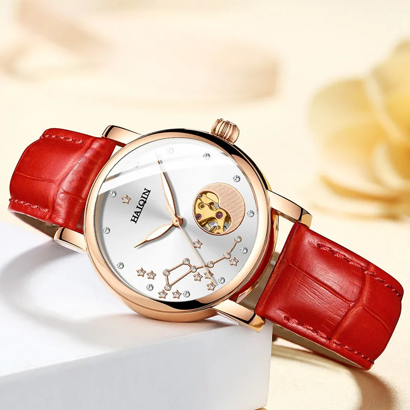 HAIQIN Лидирующий бренд роскошные женские часы кожаный ремешок автоматические механические часы розовое золото модные женские часы под платье reloj mujer