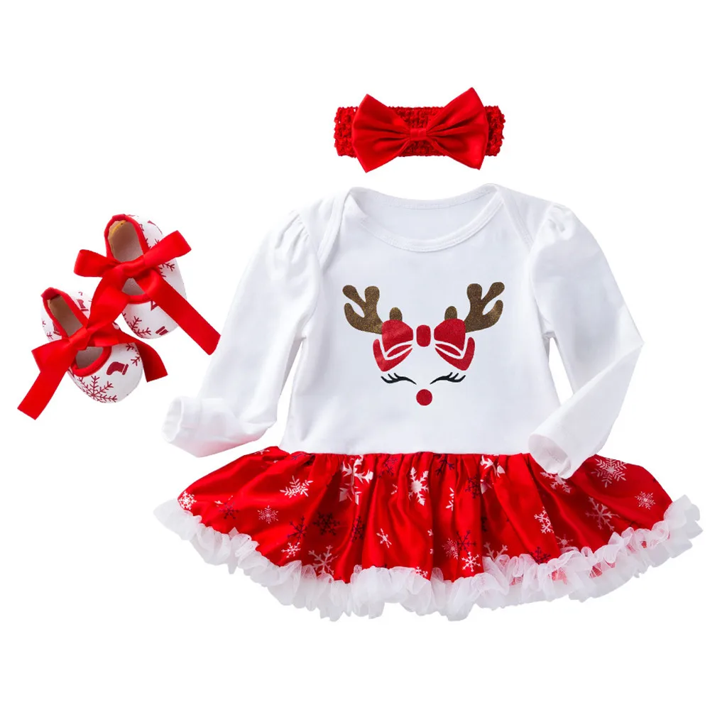 Комплект рождественской одежды для маленьких девочек, Детский комбинезон с длинными рукавами, платье-пачка, повязка на голову, комплект одежды из 3 предметов для девочек 3 мес.-24 мес - Цвет: F