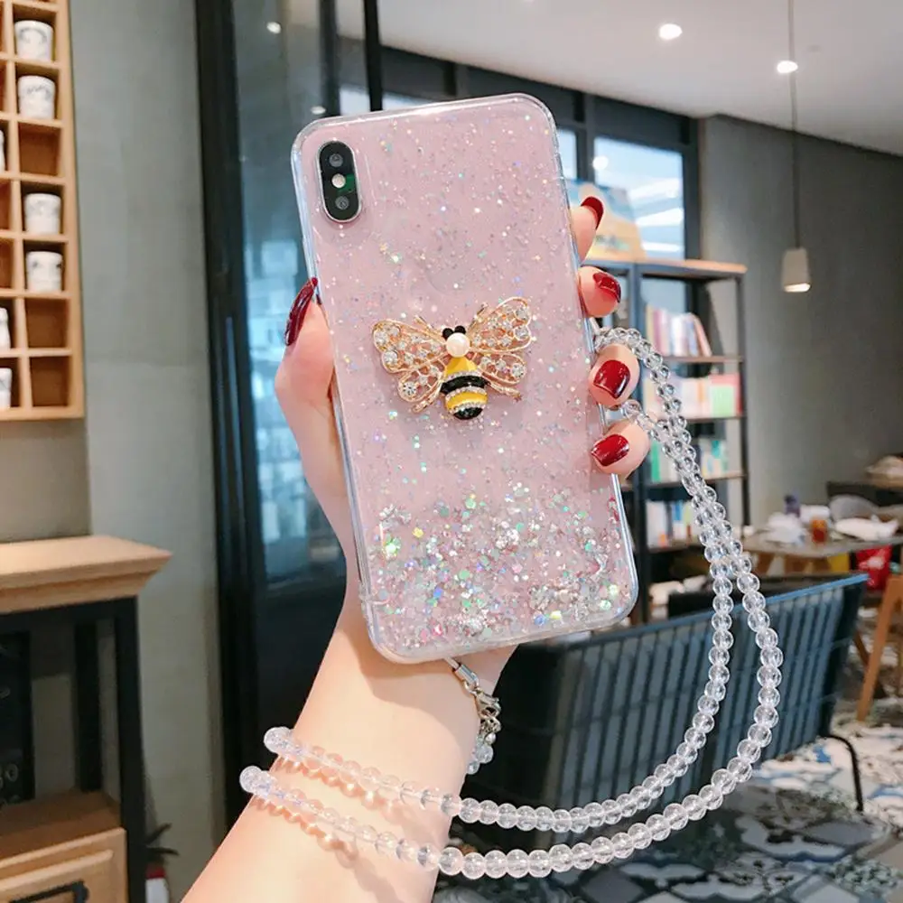 

Luxury 3D shiny Diamond Bee Star Glitter Epoxy + Crystal Lanyard Silicone soft cover for iphone MAX XS XR 7 8plus X phone cases