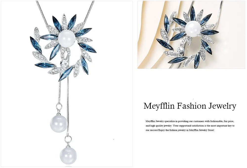 Cystal Длинные ожерелья для женщин ювелирные изделия Мода искусственный жемчуг цветок колье и подвески свитер цепь колье