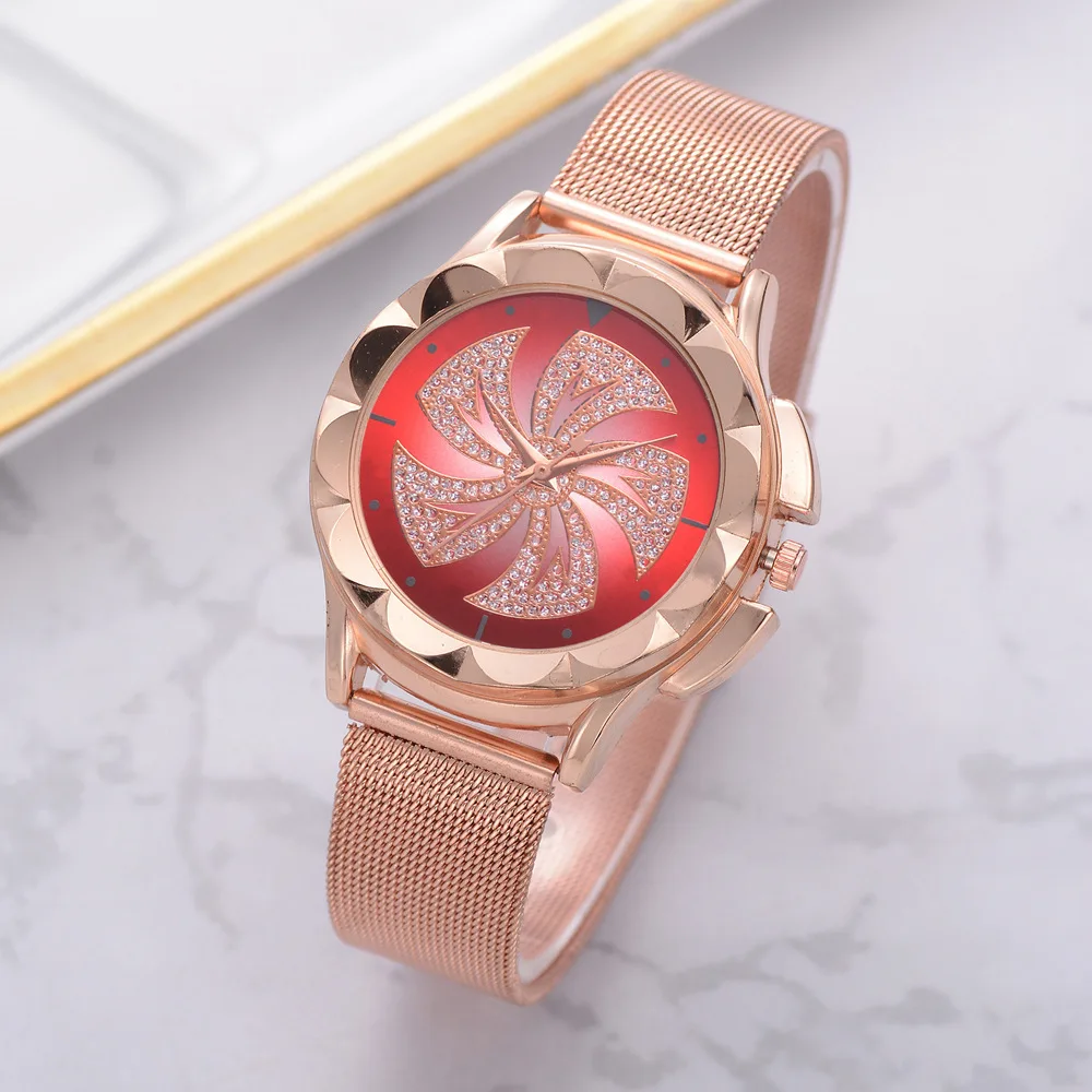 

Men And Women Creative Alloy Quartz Watch Fashion Diamond Set Kite Mirror Rose Gold Mesh Belt Watch