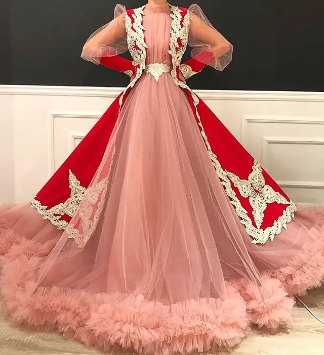 

Tradition Blush Pink Prom Formal Dresses With Red Gold Jacket 2020 Kaftan Caftan Arabic Ruffles Fairy Occasion Evening Wear