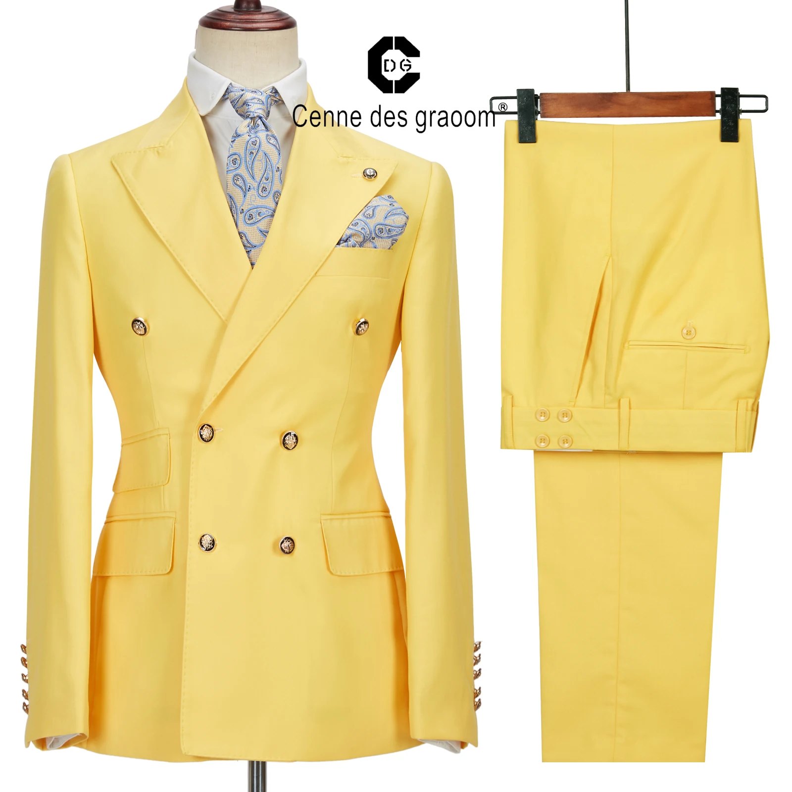 Cenne Des Graoom New Men Suits Winter Jackets Double Breasted Tailor-Made 2 Pieces Gold Button Blazer Pant Wedding Costume Homme