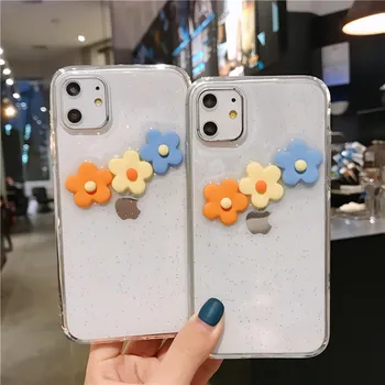 

100pcs 3D Flowers Glitter Phone Case For iPhone 11 Pro 7 8 6 6s Plus X XR XS Max Transparent Bling Soft TPU Silicone Back Cover