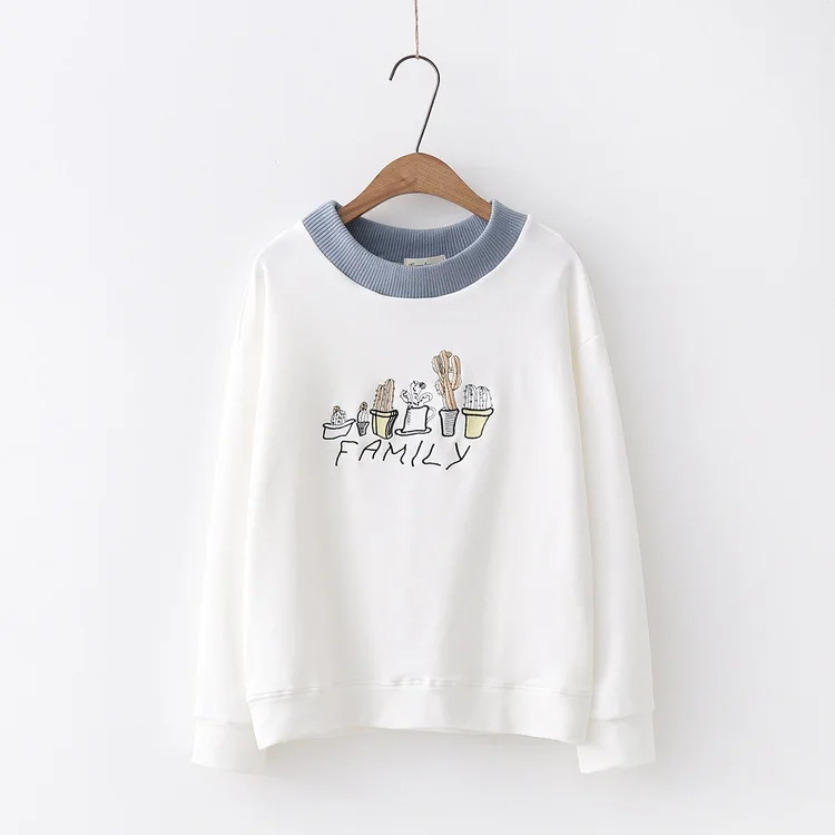 

Early Autumn Simple Chic Cotton Sweatshirts Women Simple Casual Cactus Embroidery Long Sleeve Hoodies Student Basic Pullover Top