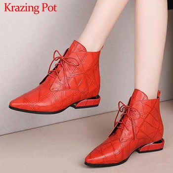 

Krazing Pot comfortable soft print genuine leather leisure shoes pointed toe med heels winter keep warm lace up ankle boots L5f5