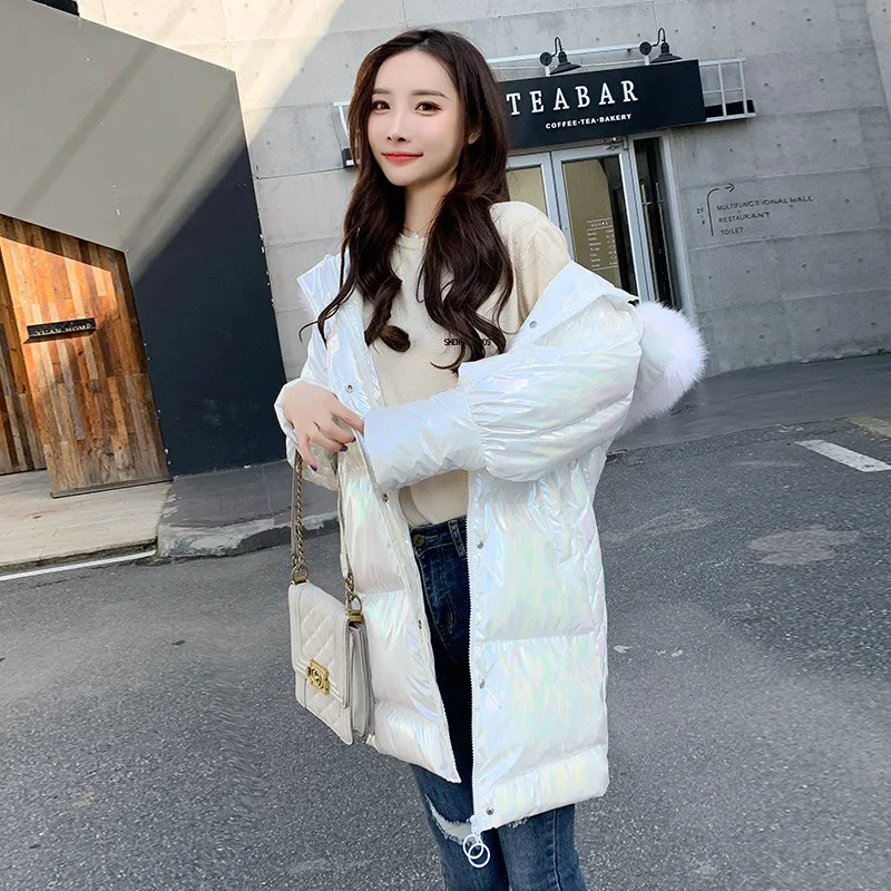 

Women winter jackets long warm coat Laser surface white color style female jacket Wide fur collar 2020 ladies parka