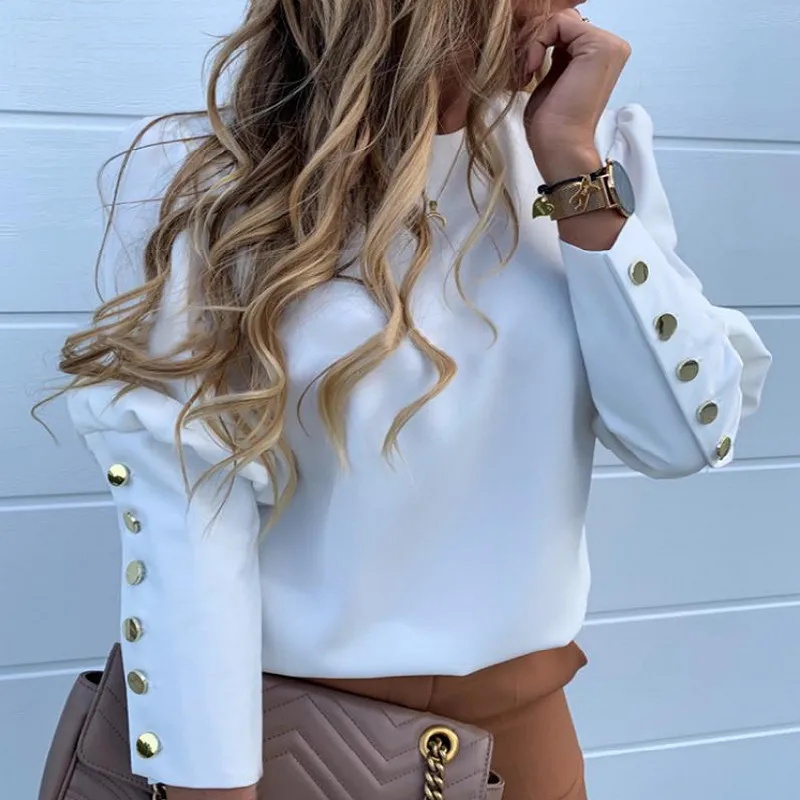 Koop Eerste lied vrouwen Effen Metalen Gesp Detail Casual Top Shirt 2019Nen Herfst Lange Mouwen Chiffon Print Trui vrouwen shirt XL