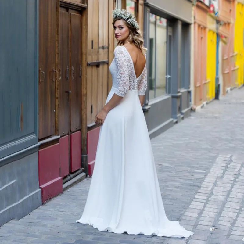 Boho Half Sleeves Wedding Dress V-Neck Sexy Backless Lace Bridal Gowns Floor Lenghth A-line African Robe De Mariee Customized 2