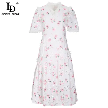 

LD LINDA DELLA Summer Fashion Designer Dress Women V-Neck Lace Print Embroidery Hollow Out Ruffles Bohemian Ladies Midi Dresses