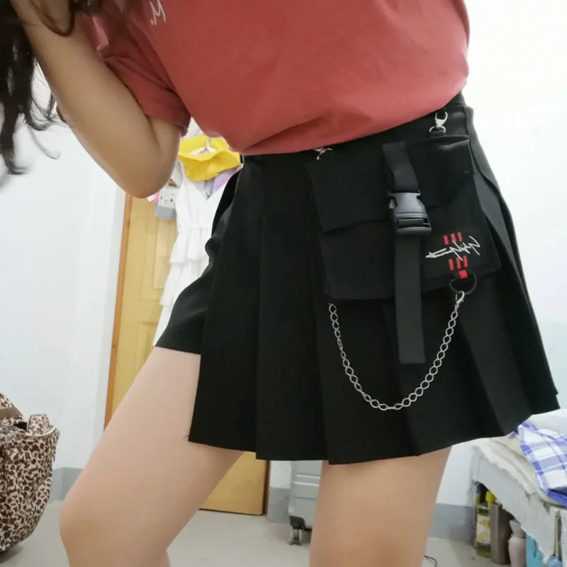 Plus Size College Vintage Asymmetrical Punk Sexy Pleated Mini Short skirt / a line Black Mini Short Skirts with Womens