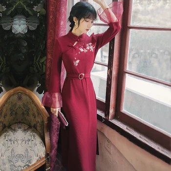 

COIGARSAM Cheongsam Embroidery Women Long dress New Dresses Wine Red 1563