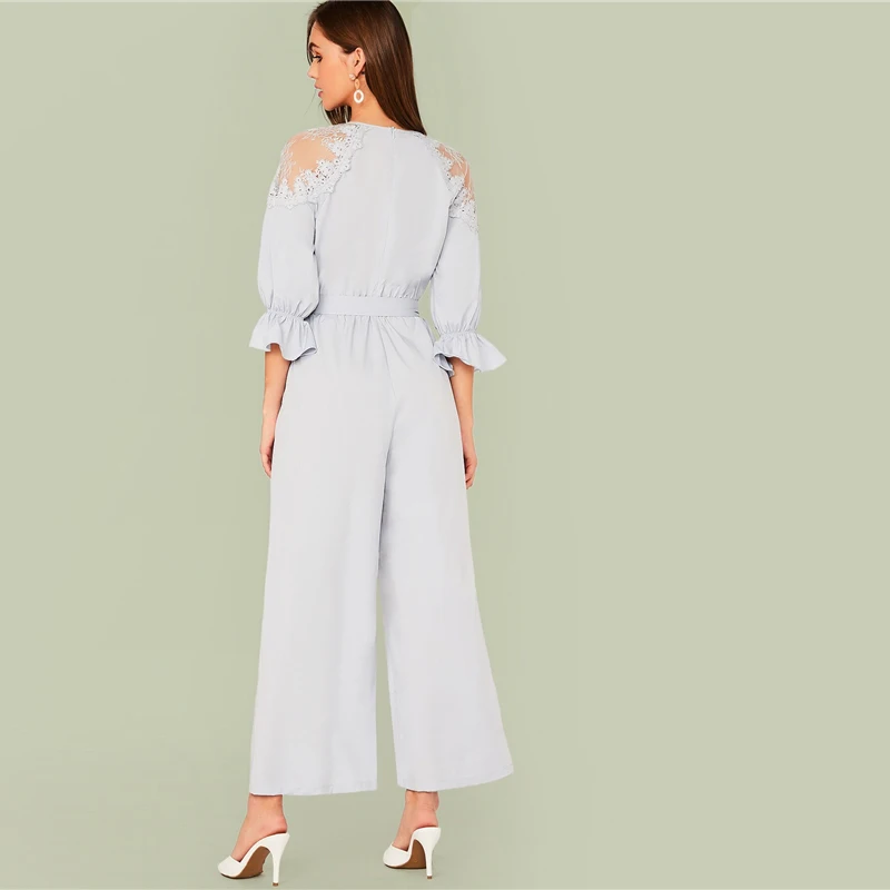 SHEIN синий сплошной v-образный вырез контрастные Кружева Открытые плечи комбинезон женский осенний рукав-Волан кнопка спереди элегантная рубашка комбинезоны