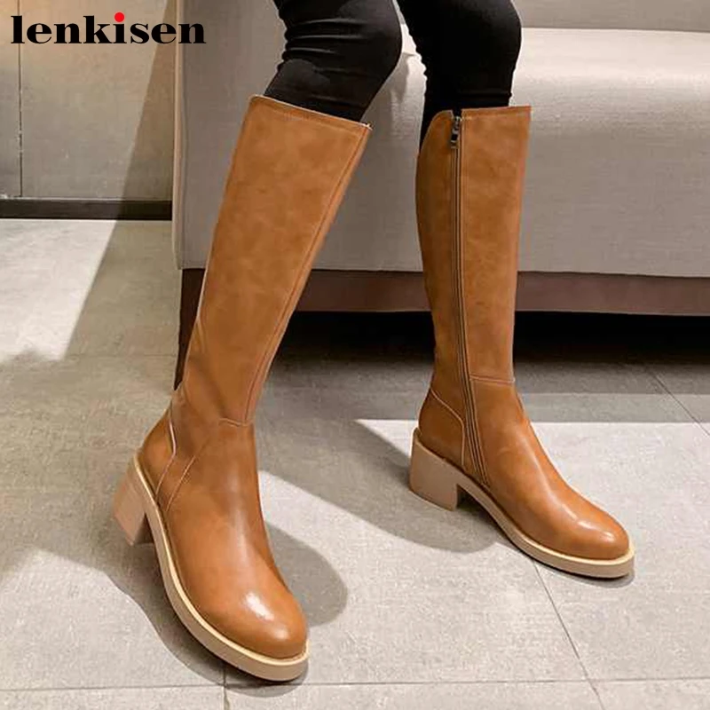 

Lenkisen elegant ladies fashion genuine leather knight boots round toe high heels women keep warm Zipper thigh high boots L69