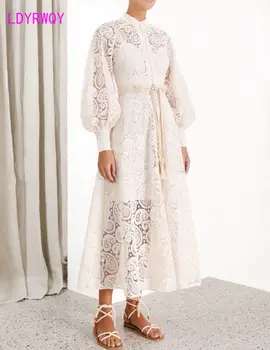 

2019 new temperament waist slimming long white lace hollow stand collar lantern sleeve dress Knee-Length Zippers