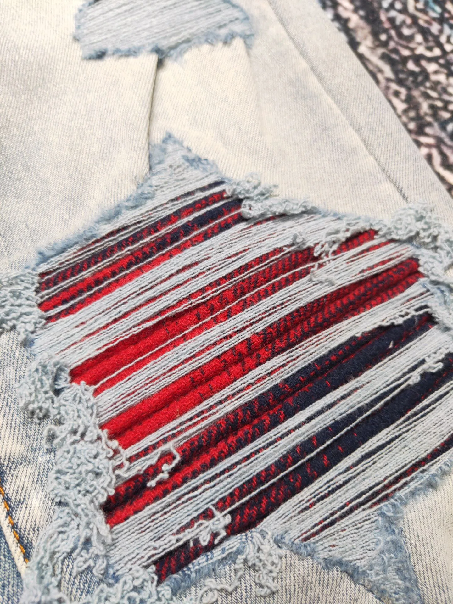 discounted men tartan fabric patch distressed jeans 3