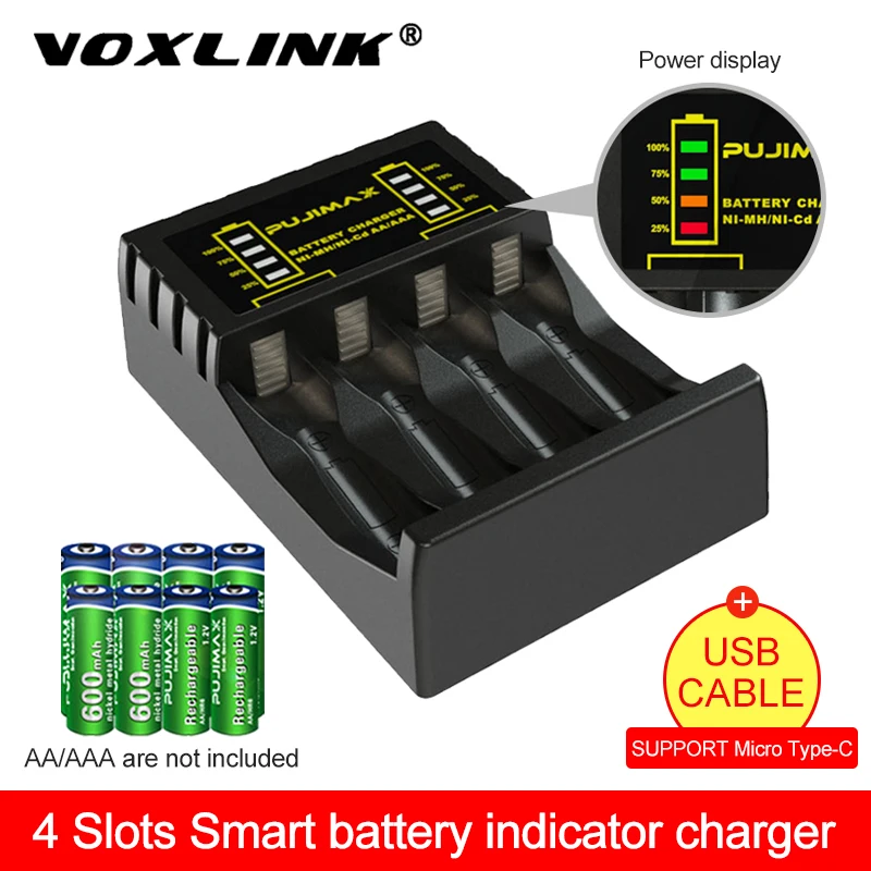 VOXLINK-cargador de batería de 4 ranuras para pilas recargables AAA/AA, protección de circuito corto con indicador LED Ni-MH/ni-cd