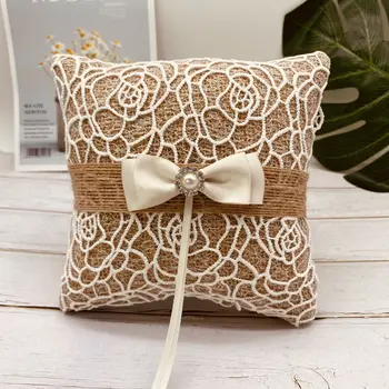 

1Pcs European Style Wood/Lace Fabric Ring Pillow with Bowknot for Wedding Nature Color Ring Decoration Prop Festive Supplies
