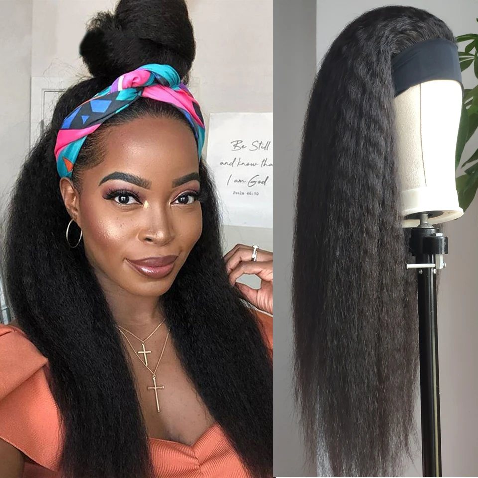 

28 inch Kinky Straight Headband Wig Human Hair Glueless Half Wig With Head Band Brazilian Yaki Human Hair Wigs For Black Women