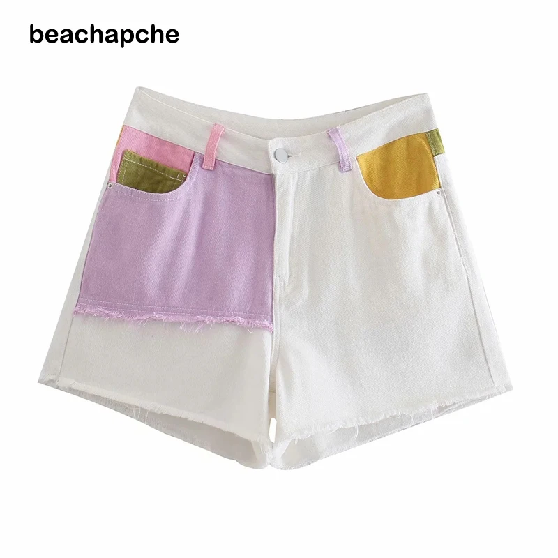 

Beachapche Women 2021 Chic Fashion Pockets Color Patchwork Shorts Vintage High Waist Zipper Fly Female Short Mujer