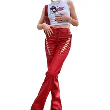 TRY TO BN Faux PU Leather Pants Solid Color Hollow Out Bandage Hipster Straight Trousers Fashion Street Style Pants Female 2021
