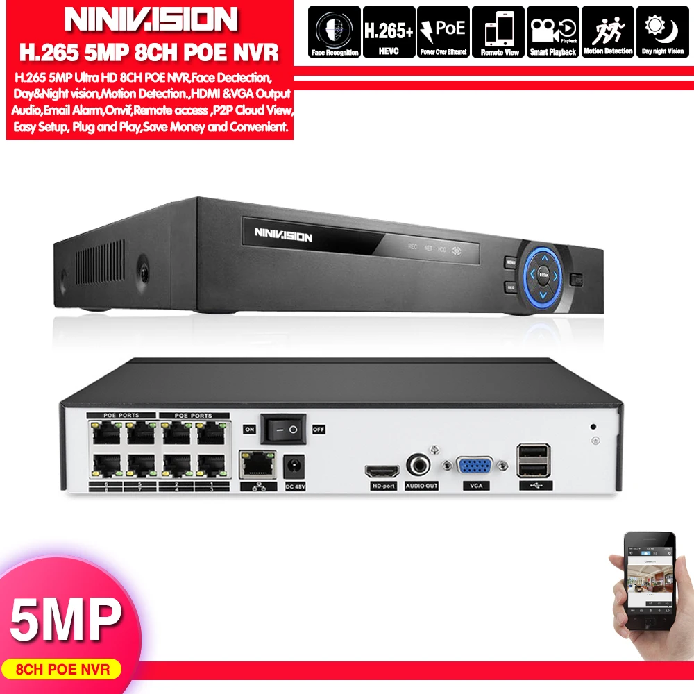 Face Detection H.265 H.264 POE CCTV NVR Security Surveillance Video Recorder 4CH 8CH 5MP PoE NVR IEE802.3af For PoE IP Cameras