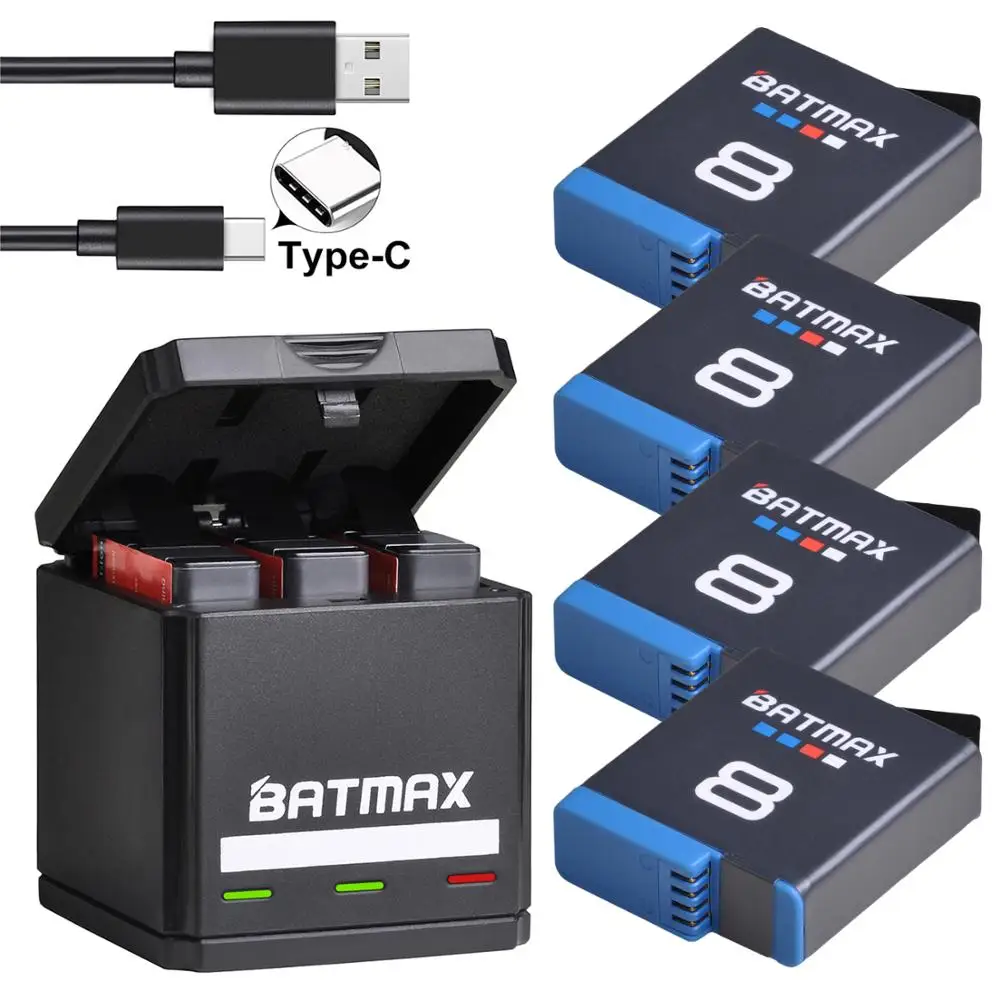 고프로 히어로 8 용 Batmax 리튬 이온 배터리, 블랙 히어로 8 블랙 고프로 히어로 7 캠 Akku + USB 트리플 충전기, C타입 포트