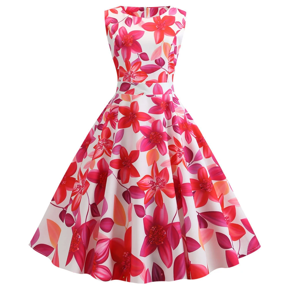 Женское летнее платье в стиле ретро синее с цветочным принтом о-образным вырезом