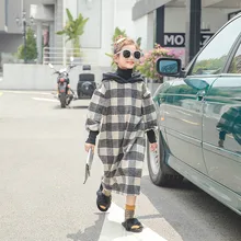 Новинка года, осенне-зимние плотные платья в клетку для девочек Детские платья с воротником под горло и капюшоном свободные длинные стильные платья для маленьких девочек#8063