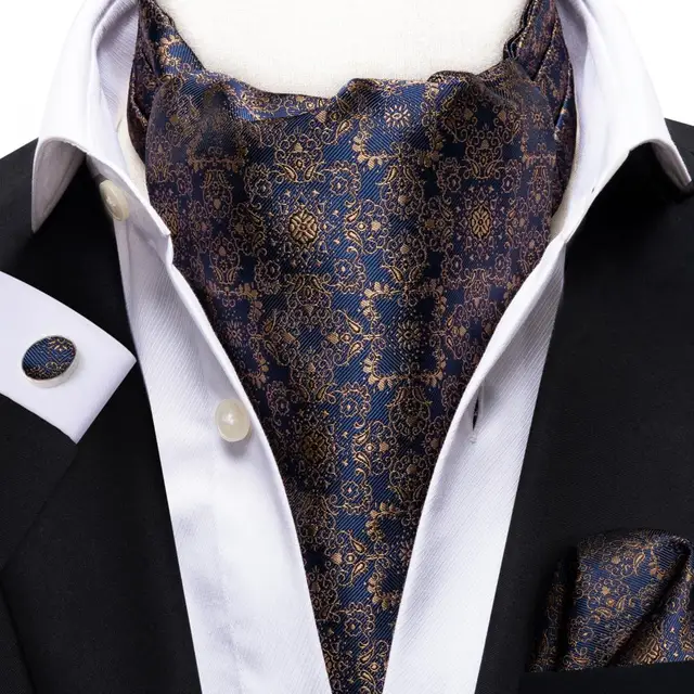 Hi-Tie Silk Men's Ascot Tie Pocket Square Cufflinks Set Cravat Ascots Scrunch Self British Style Gentleman Dress Scarves Party AS-1034