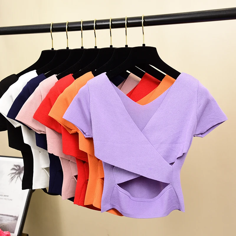 

Fashion V Neck Slim Summer Knit T-Shirt Casual Women T Shirt Short Top Tee Backless Crop Bodycon Harajuku Short Sleeve Tshirt