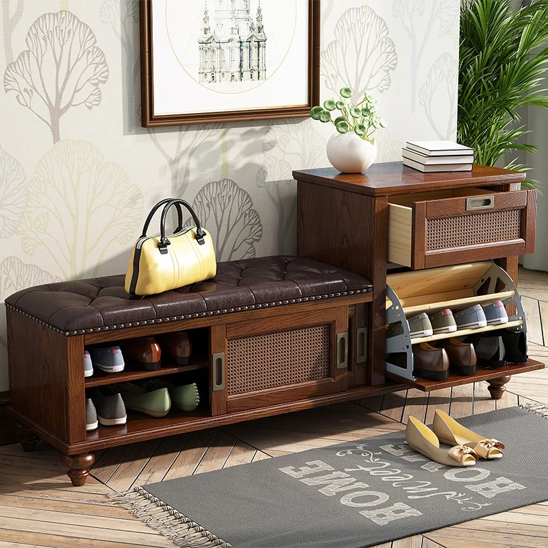 American Solid wood shoe bench cabinet door entry European style sofa stool multi-layer storage |