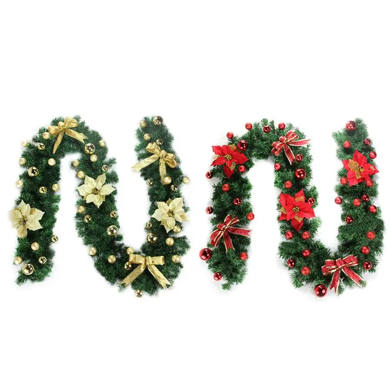 2.7M Christmas Garland Fireplace Stairs Gold Baubles Flowers Xmas Tree Decor Y1AB