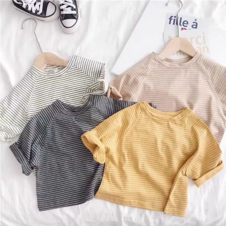 Summer 2021 boys and girls short-sleeved striped t-shirt children's five-point sleeve top baby loose Korean version P4330