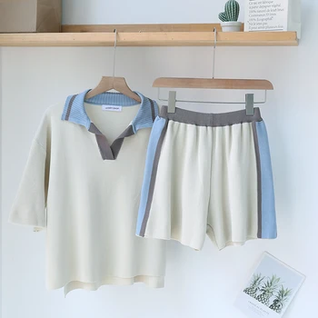 

Vintage Casual Kintting Shorts Set Women 2020 Summer Short Sleeve T Shirt Pullovrer+elastic Wide Leg Short Pants Female Sets