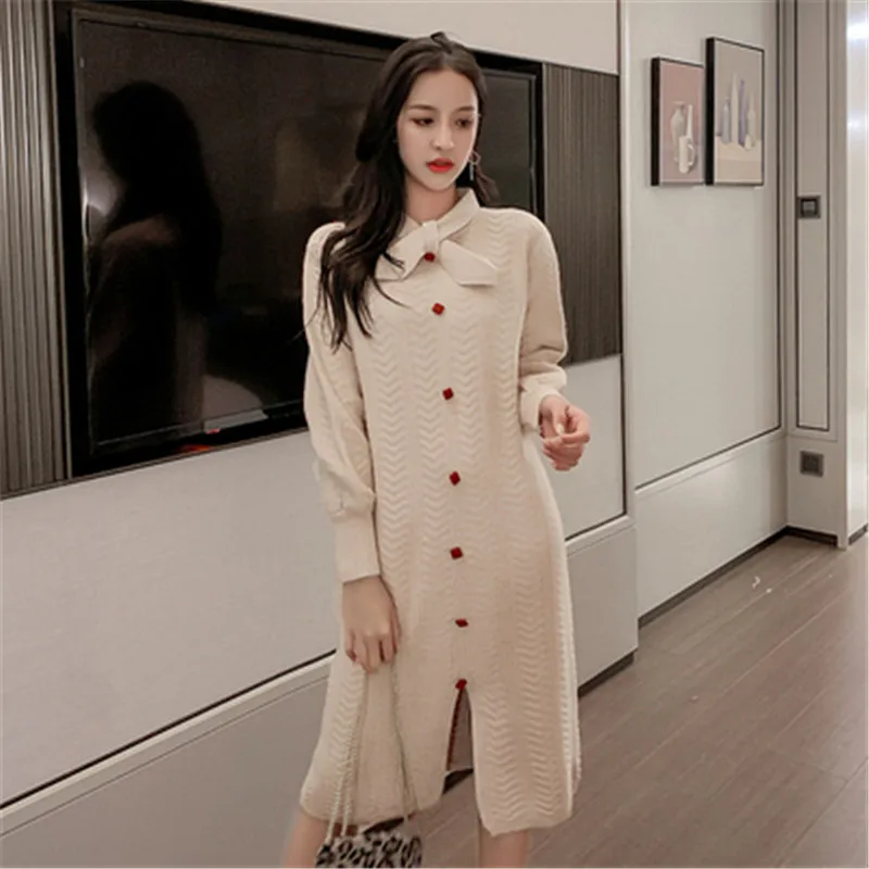 

Korean Sweater Dress Women Knitted Over-knee Sweaters Dress Bow Single-breasted Elegant Split Type Dresses 2020 Autumn