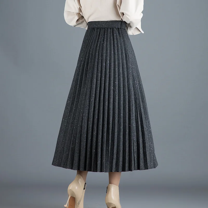 Осень и зима новое поступление трикотажная юбка с блестками Высокая талия эластичная плиссированная юбка пояс Корейская трапециевидная юбка