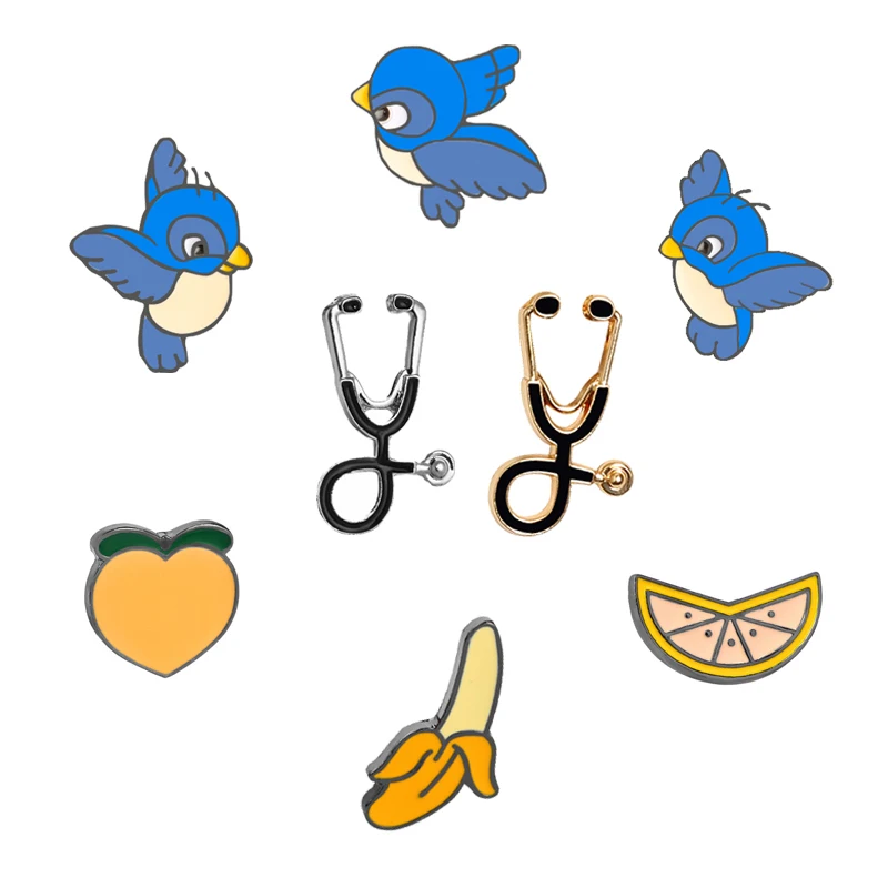 Мультяшные булавки и броши синий стетоскоп с птицами фрукты бананы оранжевые