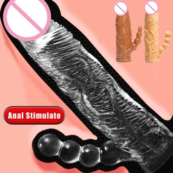 Double Anal Penis Extender Sleeve Wearable Hollow Dildo Penis Condom Reusable Dick Cock Enlargement Extension Sex Toys For Men 1