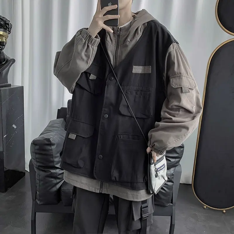 

Men's Jacket 2020 Autumn new slim solid color work clothes fake two hoodie jackets loose casual personality youth men's wear