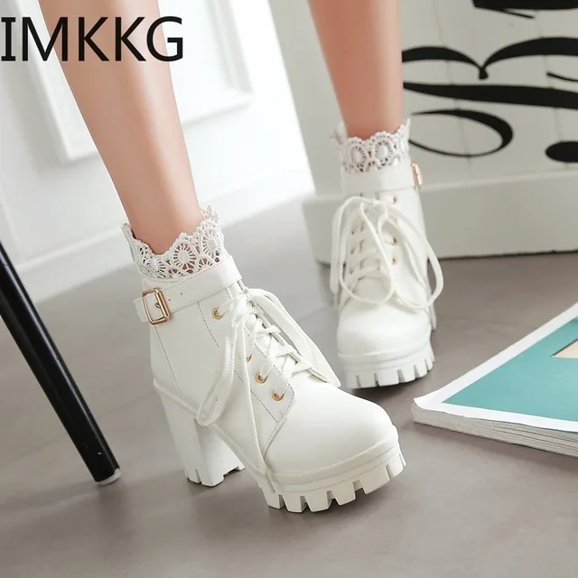 Motosîkletên Jinan Çermê Zivistana Jinan Boot 2019 Stylish Lady Lace Ankle Shoes High Heel Platforms Sexy Botas Buckle 2