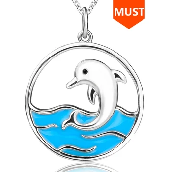 

100% 925 sterling silver lovely dolphin chain necklace&pendant with blue enamel diy fashion jewelry making women gifts