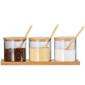

Sealed Storage Tank Three-Piece Set with Bamboo Lid and Tray with Spoon Kitchen Storage Seasoning Box